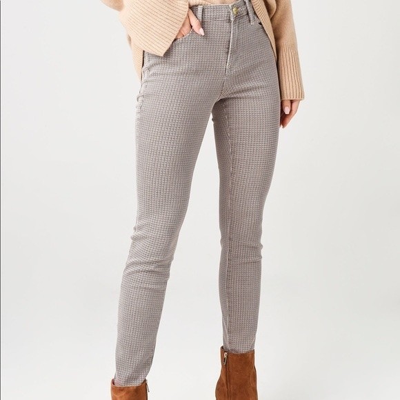 Frame Le High Skinny Stretch Pants Brown Cream Micro Plaid Houndstooth Academia - Picture 1 of 12